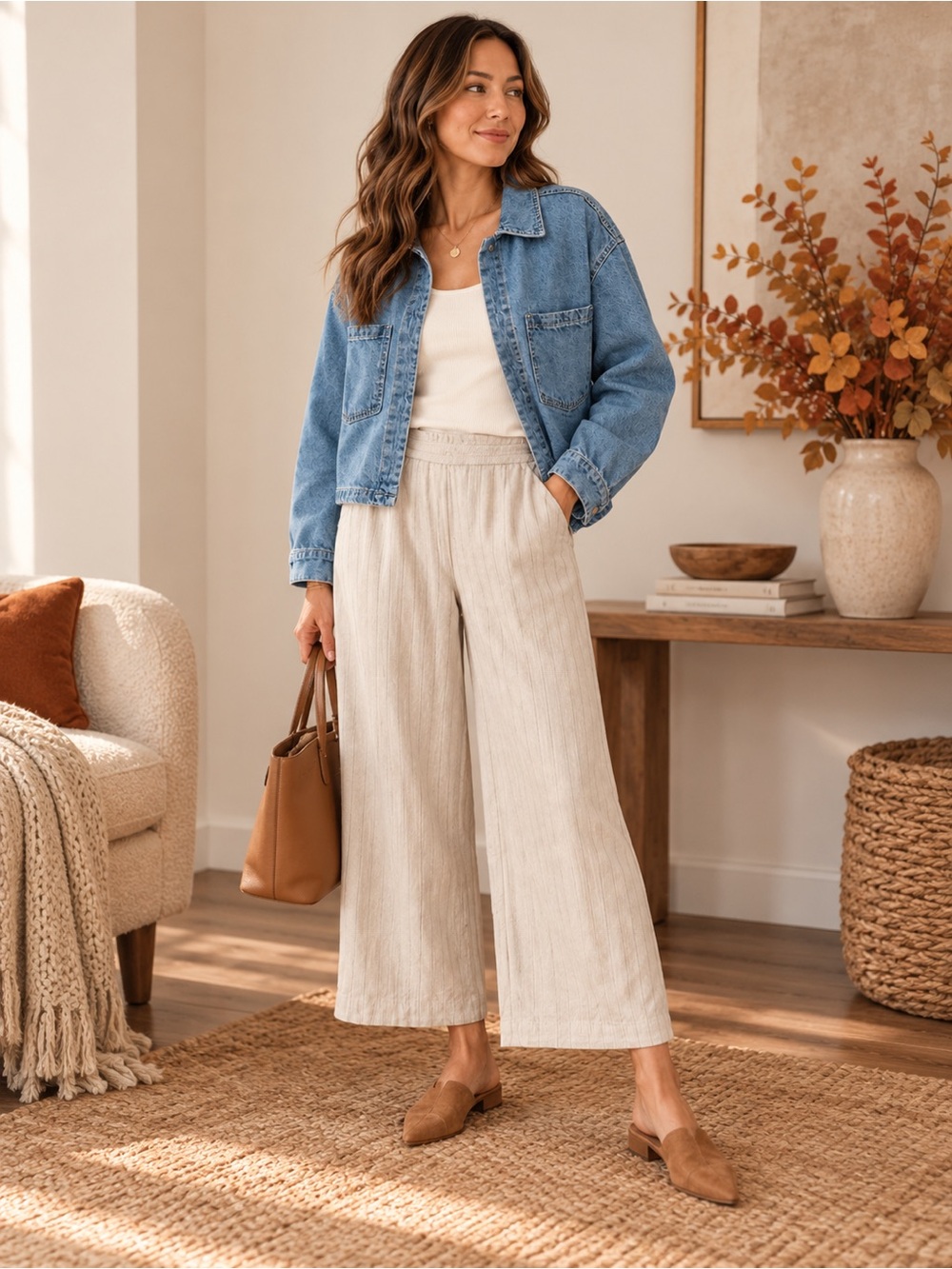 Max Studio London Linen Blend Pinstripe Wide Leg Crop Pants XS Neutral